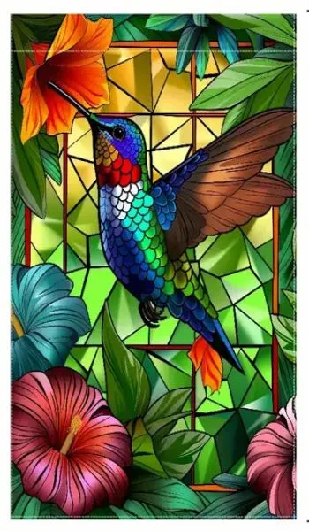 Hummingbird & Floral Stained Glass-Style